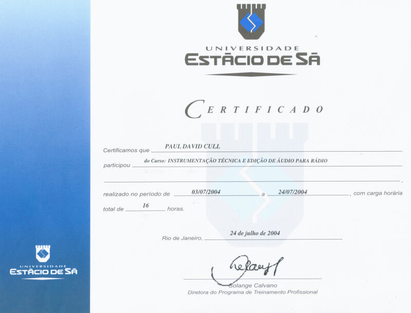 Certificate for Audio Technician Course