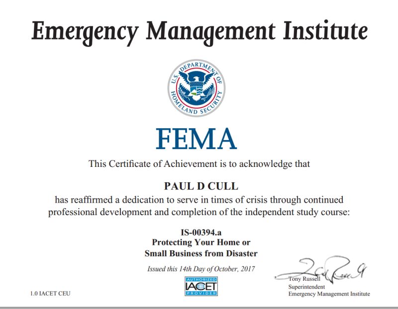 Protecting Your Home or Small Business from Disaster Certificate