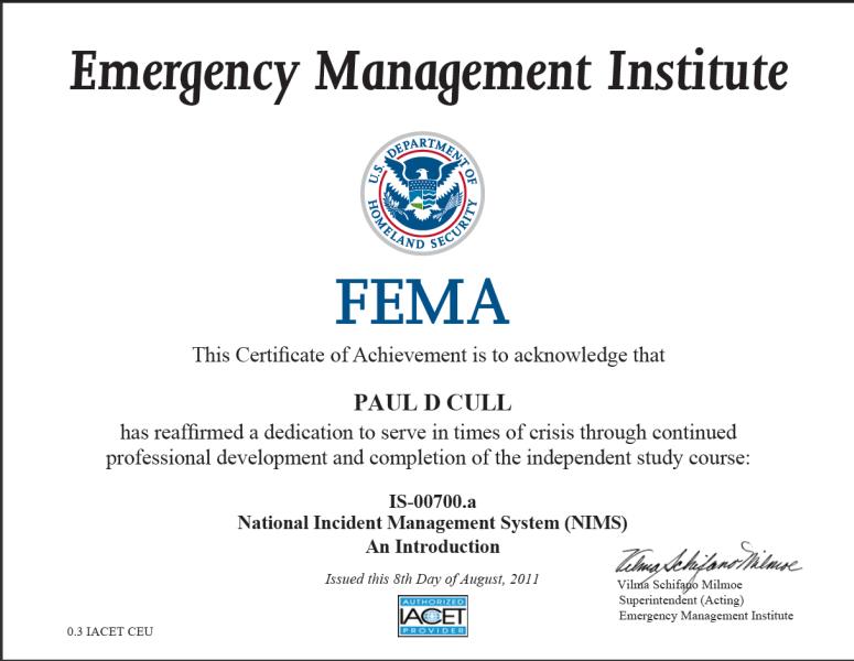 National Incident Management System Certificate