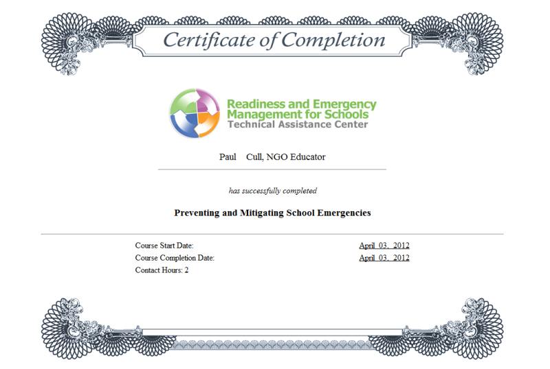 Preventing and Mitigating School Emergencies Certificate