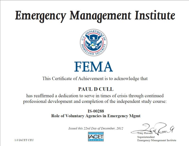 Role of Voluntary Agencies in Emergency Mgmt Certificate